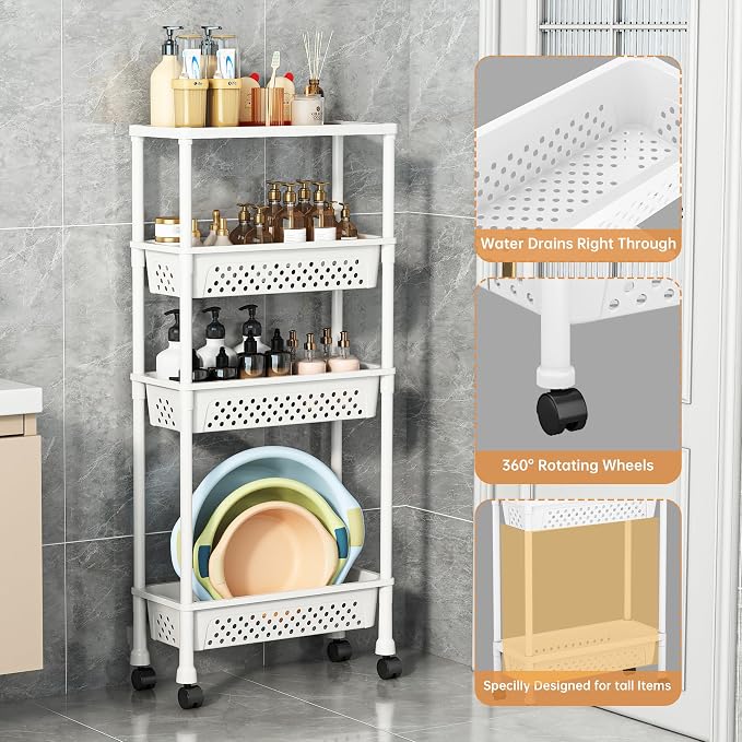 Slim 4 Tier Rolling Storage Cart Narrow Bathroom Organizer on Wheels White | 6.7" wide for tight bathroom/kitchen gaps, extra-tall tier, 360° casters, quick-dry shelves, tool-free storage rack - Image 6