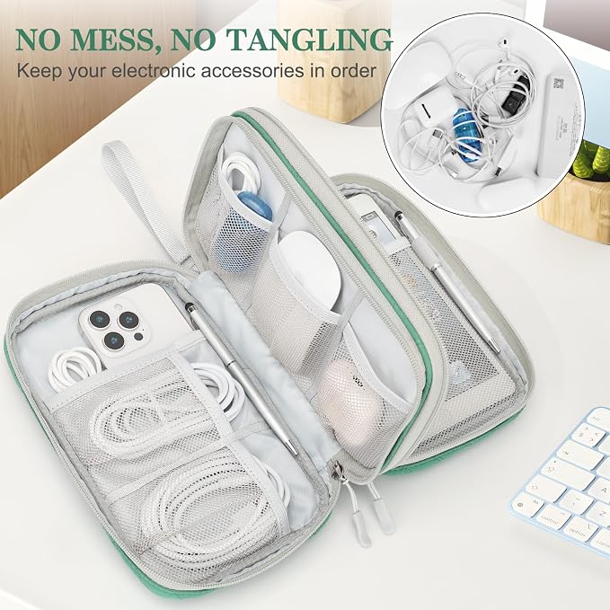 FYY Electronic Organizer, Travel Tech Pouch Bag, Large, Green Quilted | Wrist Strap, Waterproof, Double Layers Portable Electronics Travel Carrying Case for Cord, Charger, Daily Business Trips Use - Image 5