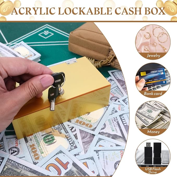 Acrylic Cash Box for Gambler Pocket Sized, Sparkling Glitter Gold Winners Bank for Casino, Control Gambler, Compact Portable Secure Money Organizer Safe Lock Box with 2 Keys&Storage Bag,1 PC - Image 6