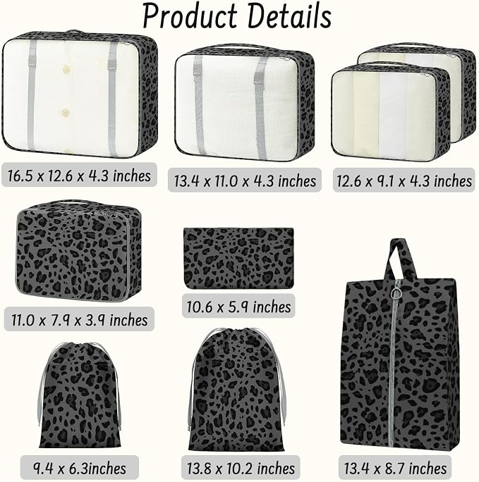 9 Set Packing Cubes for Travel Essentials - Lightweight Carry-On Luggage Organizer Bags with Shoe, Clothes & Laundry Bags for Airplane, Family & Business Travel, Gray leopard print - Image 2