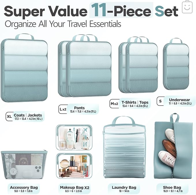 Veken 11 Set Compression Packing Cubes Garment Bags for Travel Essentials,Compressible Expandable Luggage Organizer Bags for Clothing,Space Saver Bags with Over 1000 pcs of Mesh Holes(Blue Gray) - Image 2