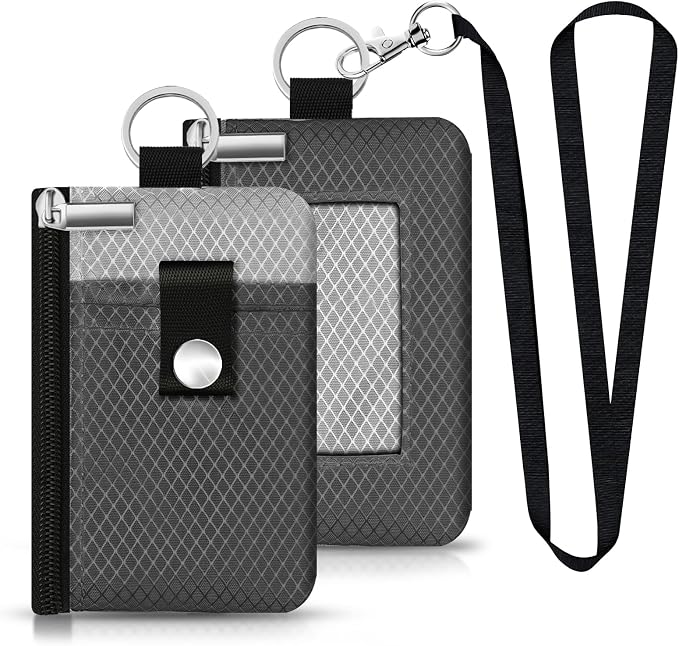 Minimalist RFID Blocking Small Wallet with ID Window,WaterResistant Zip Id Case Wallet with Lanyard Keychain for Cards,Cash,Travel,Women,Men (DardGray/LightGray) - Image 3
