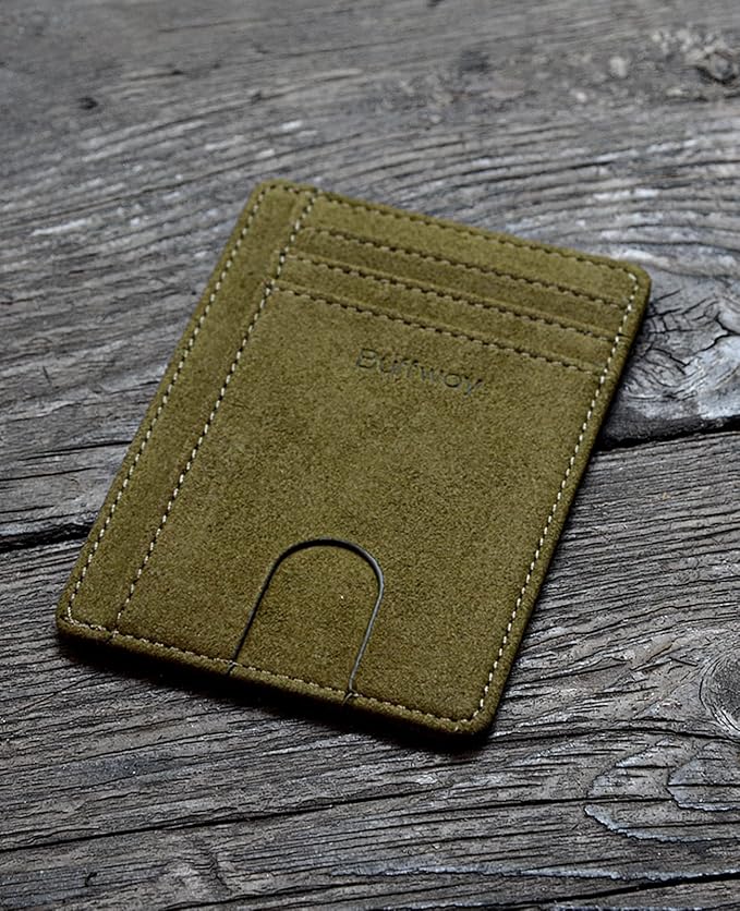 Buffway Slim Minimalist Front Pocket RFID Blocking Leather Wallets for Men and Women - At Sahara Desert Green - Image 4