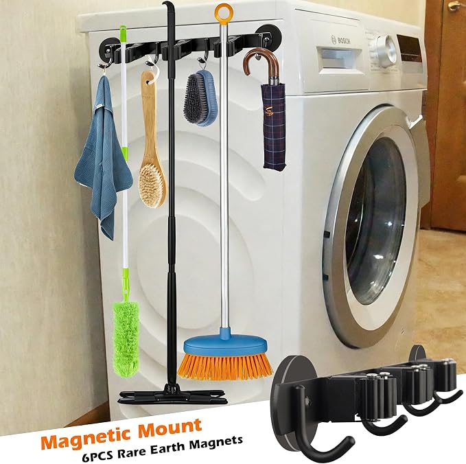MUTUACTOR Magnetic Broom Holder,Anti-slip Heavy Duty Broom and Mop Hanger Metal Tool Holder 3 Racks and 4 Hooks for Laundry Garage Kitchen Factories Workshops Organization and Storage(1 Set) - Image 2