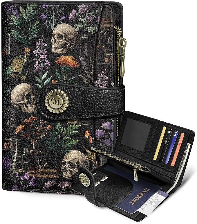 Goth Wallet Women RFID, Flower Passport Holder, Credit Card Holder | 6.7" x 4.4" x 1.3" Bifold, Travel billfold, Zipper Pocket, PU Leather, Clutch, Purse, ID Window, Pen Holder, Gift Ladies Girl by Mavellin