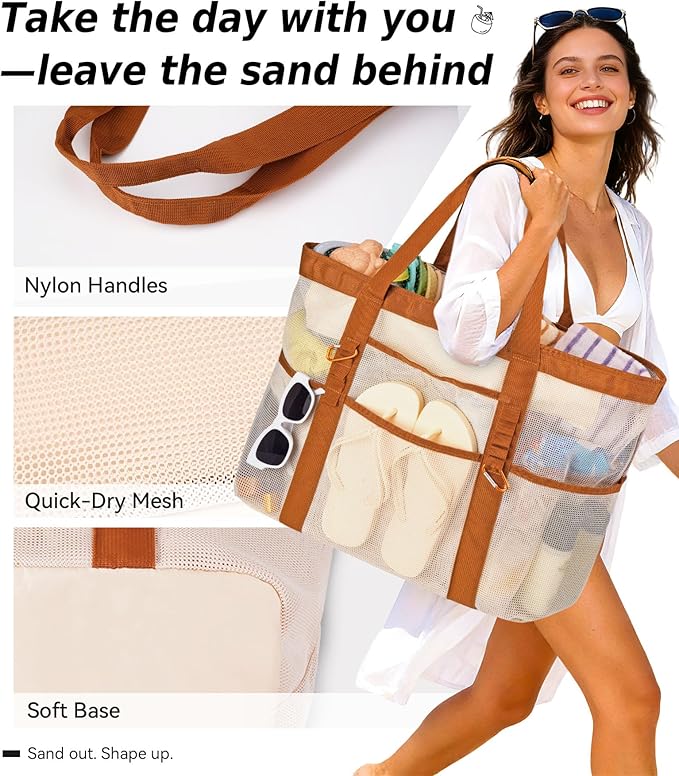 Chic Cruise Essentials Beach Bag for Women, Large Zip Top Tote, 11 Pockets | 40L+ Spacious;Mesh × Canvas;Zipper Pouch;Secure Zip-Top;Sand-Resistant Base - Image 6
