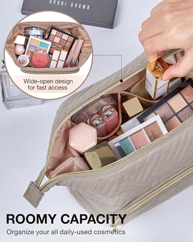 BAGSMART Travel Makeup Bag, Cosmetic Bag Small Make Up Organizer Case,Wide-open Pouch for Women Purse for Toiletries Accessories Brushes,Large Tranquil Gray - Image 2