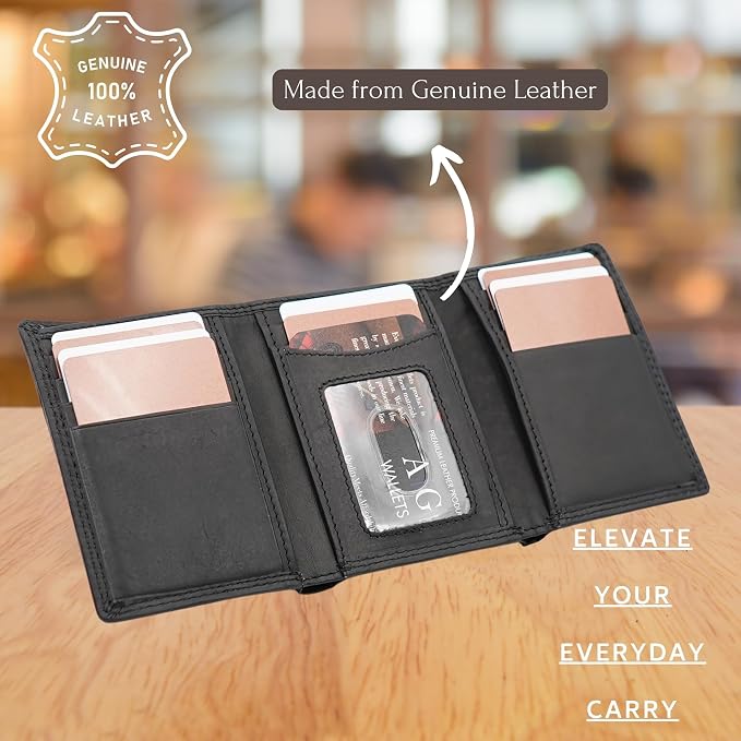 AG Wallets RFID Blocking Wallet for Men - Trifold Minimalist Slim Wallet with 10 Credit Card Slots & 3 Side Slots - 100% Genuine Leather Travel Wallet - Secure Compact Wallet - Black - Image 6