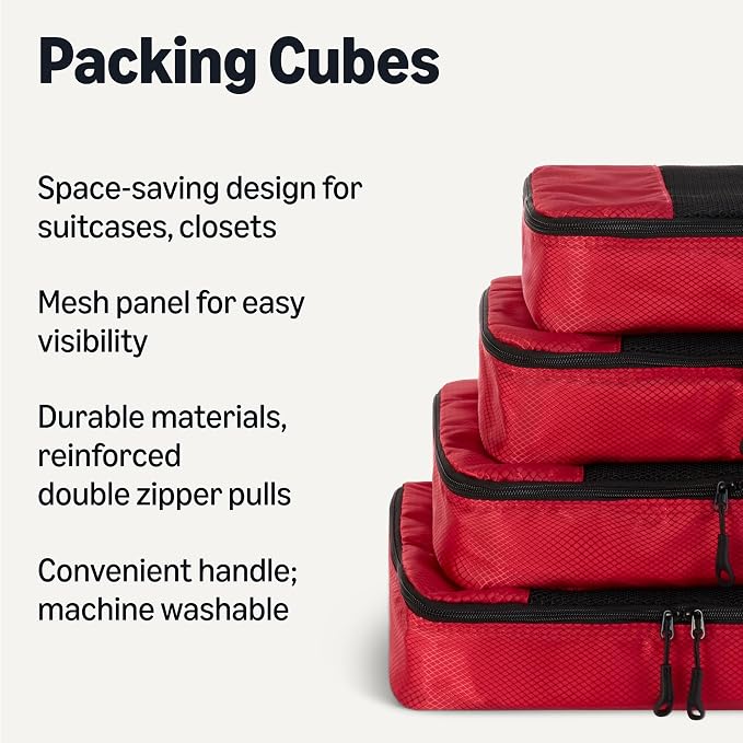 Amazon Essentials 4-Piece Packing Cubes Travel Accessories Set, Luggage Organizer with Double Zipper, Mesh Top, Space-Saving, Medium, Red (Previously Amazon Basics) - Image 2