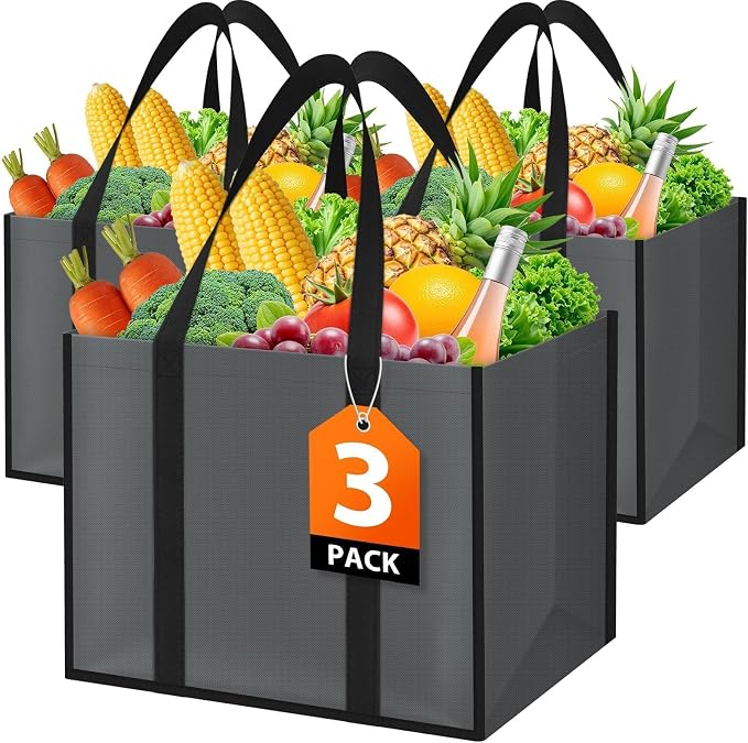 WISELIFE Reusable Grocery Bags, Foldable, Lasting Use, 35L, 3 Pack, Gray | Large Shopping Bags with Reinforced Stitching, Water-Resistant Grocery Totes for Kitchen, Market, Car Trunk, Picnic by WiseLife