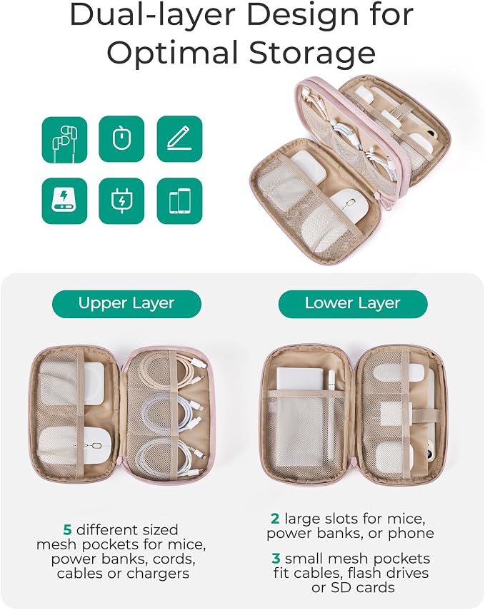 BAGSMART Electronics Organizer Travel Case for Cords Chargers Phones, Pink | Puffy Padded, Travel Essentials, Cord organizer bag for Cables, Compact Tech Accessories Pouch - Image 3
