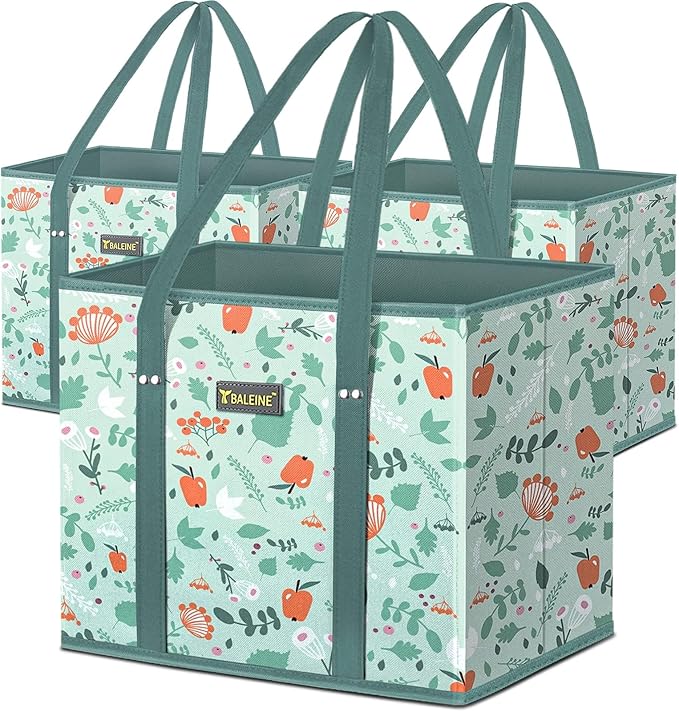 BALEINE 3PK Reusable Grocery Bags, Heavy Duty Shopping Tote Bag | 12'' Long Handles, Reinforced Bottom Keeps Upright, Fold Flat Storage, Water-Resistant Shopping Bag, Multiple Color Options by BALEINE
