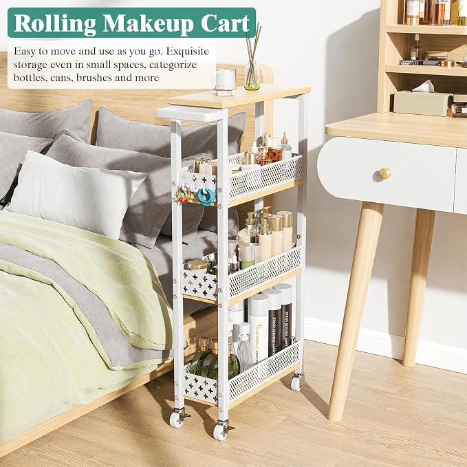 4-Tier Rolling Slim Storage Cart Kitchen Bathroom Laundry Organizer | 5.9"wide, wood rack tier, with 3 hooks, carbon steel, suitable for compact spaces, 360° swivel wheels with brakes, white - Image 5