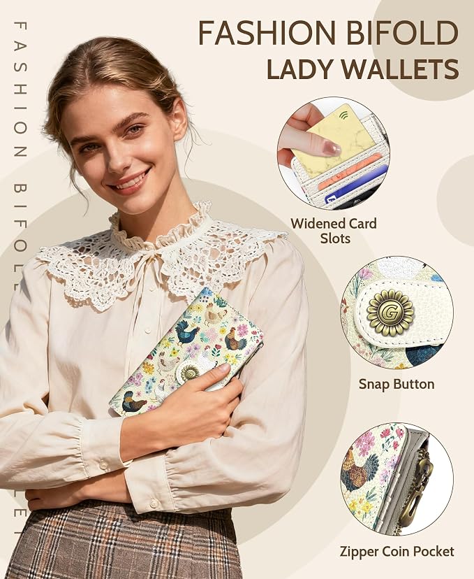 GIANCOMICS Chicken Rooster Womens Wallet RFID, Credit Card Holder Bifold | Billfold, Cute Cash Purse, Travel Zipper Coin Pocket, Compact Clutch, PU Leather, ID Window, 11 Card Slots, Ladies Gift Woman - Image 6