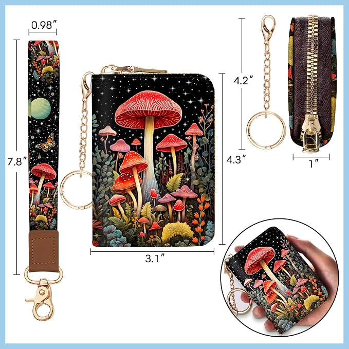Blusabaca Women Credit Card Holder, Small RFID Wallet with Wristlet Strap | Mushroom, Removable Keychain, Case Zipper, PU Leather, Cash Coin Pocket, Business Purse with Key Lanyard, Ladies Female Gift - Image 6