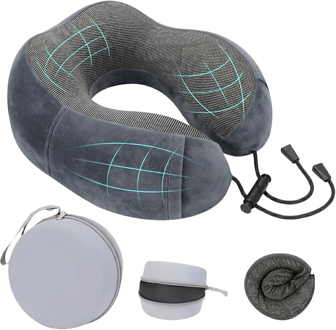 Travel Neck Pillow, 100% Memory Foam, U-Shaped with Storage Box, Dark Gray | 100% memory foam with 360-degree support & adjustable buckle. Compact storage box. Machine washable cover. Fits all necks. by Unknown