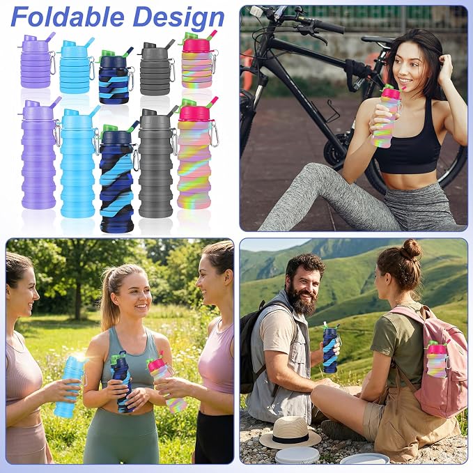 5 Pack Foldable Water Bottles, 16 oz Silicone Reusable Foldable Water Bottle, Portable Leak Proof Travel Sports Bottle with Metal Clip for Camping Hiking Gym, Colorful - Image 4