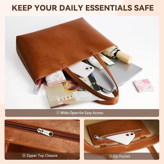KALIDI Tote Bag Zipper Shoulder Bag Vegan Leather Purses Satchel for Women | Large Casual Handbag for Work Commuting Dating College Everyday - Image 4