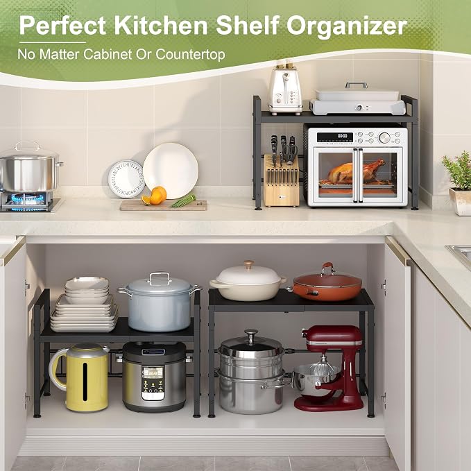 Expandable-Metal-Storage-Shelves-For-Pantry Kitchen Garage, 120lbs Heavy Duty Shelving Units For Small Appliance For Countertop Cabinets, Adjustable Shelf Organizer Riser Rack For Closet Warehouse - Image 3