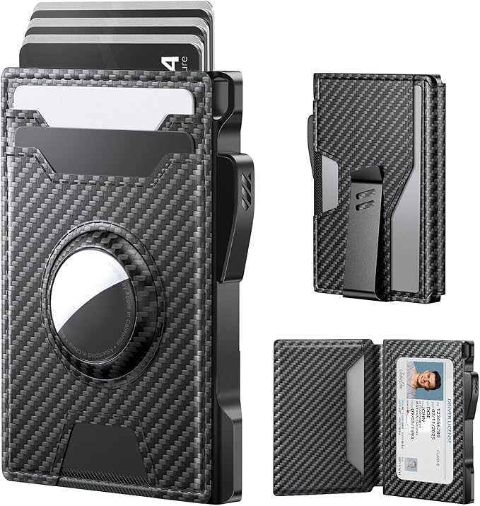 typecase AirTag Wallet for Men: Compatible with Apple AirTag (1st & 2nd Generation), RFID Blocking, Genuine Leather, Slim & Minimalist Design,13 Cards Capacitiy | ID Window | Money Clip (Carbon Fiber) by typecase