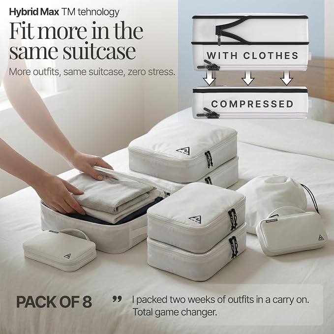 8 pcs Compression Packing Bags Cubes Set with HybridMax Double-Capacity Design - Packing Cubes for Travel Compression to Maximize Limited Luggage Space, White - Image 5