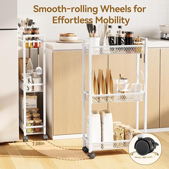 Slim Rolling Storage Cart, Metal 3 Tier Bathroom Storage Organizer Laundry Room Utility Cart for Kitchen, Bthroom, Makeup, Craft, Laundry Narrow Places, White - Image 5