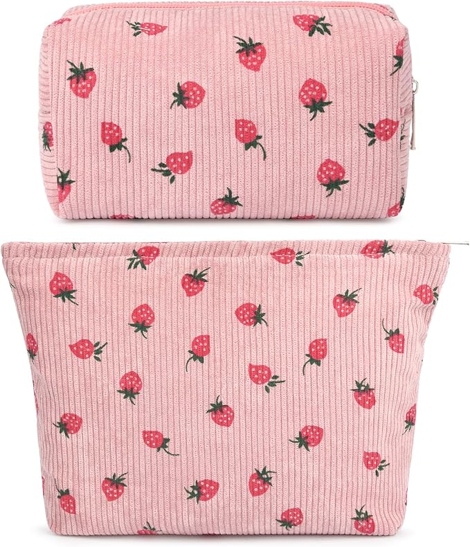 SOIDRAM 2 Pcs Makeup Bag Large Cosmetic Bag Toiletry Bag Makeup Pouch Travel Bag Organizer Cute Makeup Brushes Aesthetic Accessories Storage Bag for Women Pink Strawberry by SOIDRAM