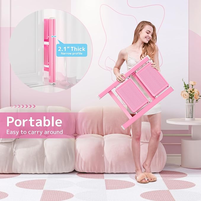2 Step Ladder, Foldable Step Stool with Widened Pedal, Pink | Sturdy Carbon Steel, Anti-Slip Feet, Portable, 330LBS Capacity, Space Saving, for Kitchen, Bedroom, Pantry Use - Image 5