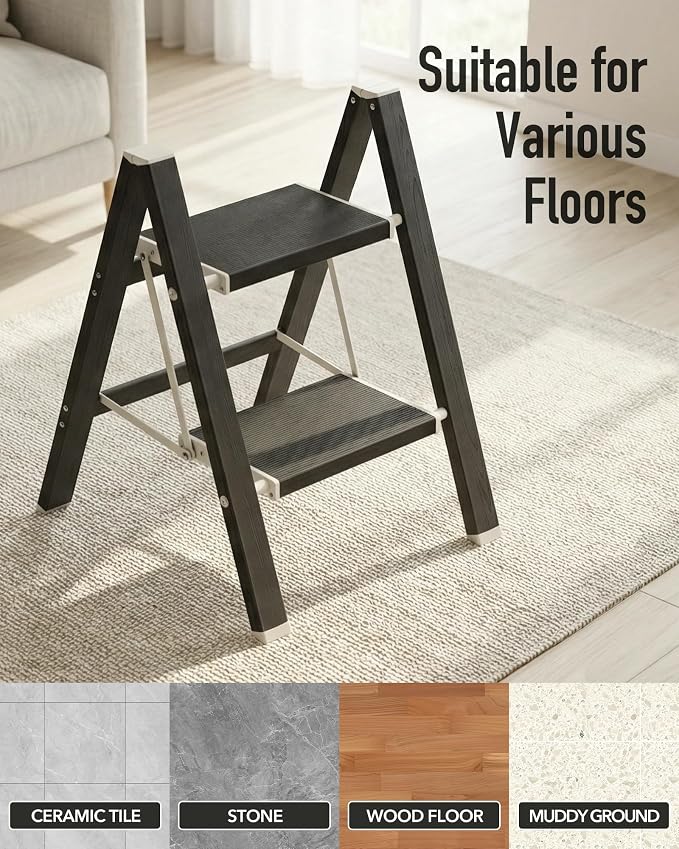 Mayi Plus 2 Step Stool Foldable, Aluminum, Lightweight Step Ladder | Extra-wide anti-slip folding steps with 330 lbs, for home,kitchen,office,outdoor,Ebony woodgrain - Image 8