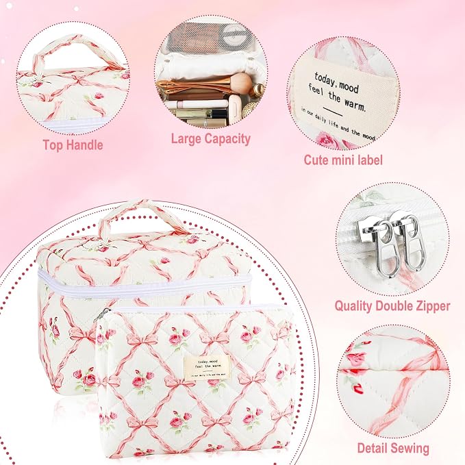 URSKYTOUS 2Pcs Cotton Quilted Makeup Bag for Women Girls Large Small Travel Floral Cosmetic Bags Set Cute Coquette Pink Makeup Pouch for Purse Aesthetic Cloth Flower Storage Toiletry Bag Organizer - Image 3
