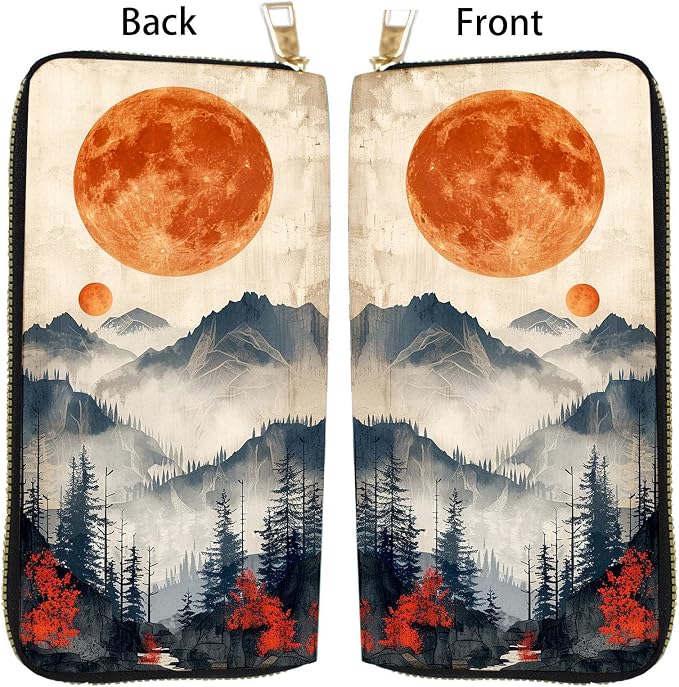 Women's RFID Blocking PU Leather Zip-Around Wallet, Large Capacity Clutch with Phone Holder, Travel Purse & Card Organizer with Removable Wristlet,Mountains Sunset Aesthetic - Image 5