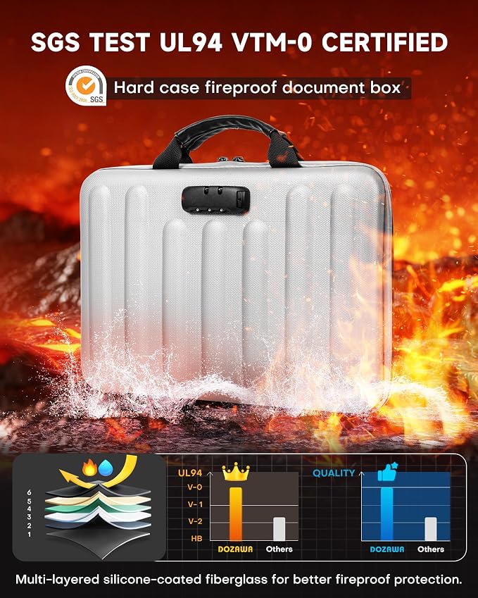 DOZAWA Fireproof Document Box, Waterproof Hard File Organizer with Lock | UL-94 VTM-0 certified 8-layer document box withstands up to 5200°F, featuring waterproof zippers, silver - Image 2