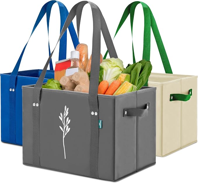 Green Bulldog Reusable Grocery Bags - Heavy Duty Reusable Shopping Tote Bags W/Long Handles, Foldable & Collapsible, Holds Up to 65 lbs - for Kitchen, Picnic 3 Pack by GreenBulldogBags