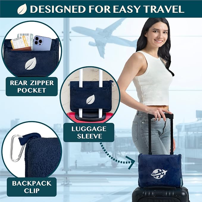 PAVILIA Travel Blanket and Pillow, Arms Opening Airplane Blankets for Adults, Compact Plane Blanket with Arm Hole 2-in-1 Bag for Flight Car Camping Fit in Luggage Backpack Traveler Gift, Navy Blue - Image 4