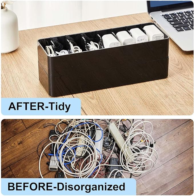 Tatuo 1 Pcs Cord Organizer for Drawer Desktop, Cable Organizer Box with 8 Compartments and Wire Ties, Plastic Charger Storage with Lid, Electronics Case for Home Office Accessories (Small,Black) - Image 5