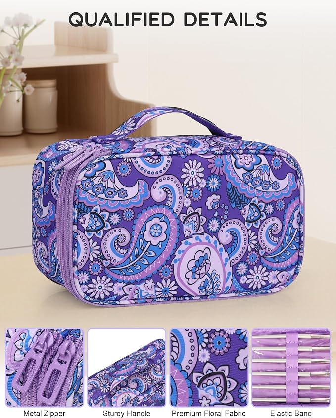 Relavel Small Floral Cosmetic Bag with Makeup Brush Compartment | Portable Makeup Pouch for Women, Double Layer Cute Toiletry Organizer Bag for Accessories, Purple Flower - Image 4