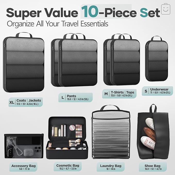 Veken 10 Set Compression Packing Cubes Garment Bags for Travel Essentials,Compressible Expandable Luggage Organizer Bags for Clothing,Space Saver Bags with Over 1000 pcs of Mesh Holes(Black) - Image 2