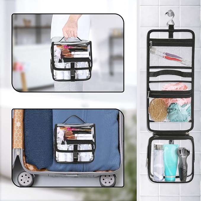 Clear Toiletry Bag with TSA Liquids Travel Bag, Hanging Travel Transparent Makeup Cosmetic Organizer, Waterproof Carry On Airline 3-1-1 Compliant Bag Quart Sized Luggage Pouch (Black-Clear) - Image 6