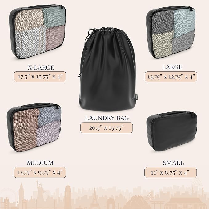 Shacke 5 Set Packing Cubes for Travel with Laundry Bag (Air Black) | Suitcase Organizer Bags Set: 4 Water-Resistant Luggage Cubes, XL to Small, + Laundry Bag for Carry-On or Checked - Image 4