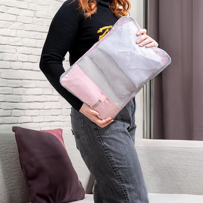 (Not Made In China) 6pc Compression Packing Cubes For Travel, Suitcase and Luggage Space Saver Organizer Bags, Lightweight, Waterproof, Durable, Pink - Image 5
