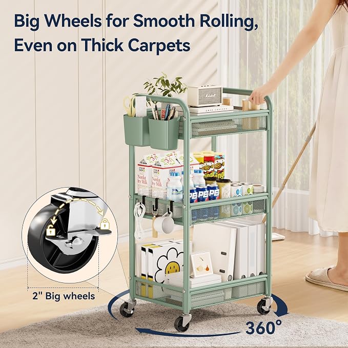 3 Tier Metal Rolling Cart, Green Utility Storage Cart with Wheels | Metal Mesh Craft Cart With Hooks & Hanging Cups, Ideal For Kitchen, Bathroom, Office, Dorm, Art Workspace, Bedside Storage - Image 4