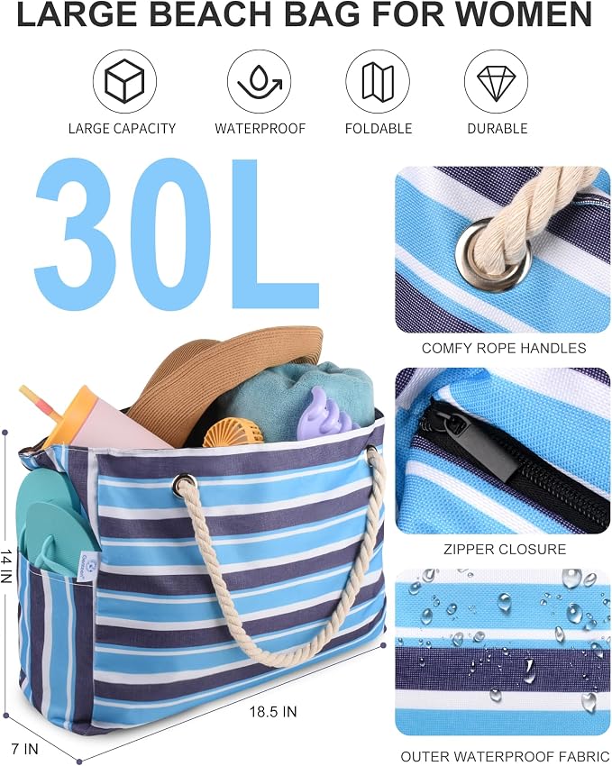 Genteen Beach Bag for Women, Large Waterproof Sandproof Beach Tote with Zipper Pocket, Solid for Travel Pool - Image 3