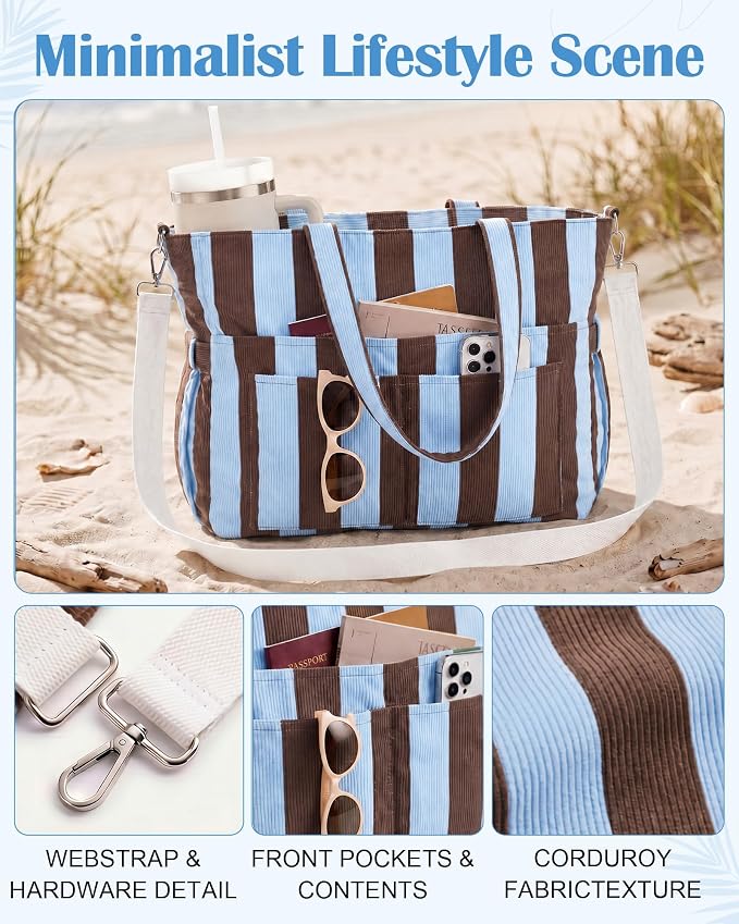 Kacctyen Striped Beach Tote Bag for Women Large Beach Foldable Tote Bag with Zipper Pockets for Travel Pool - Image 4