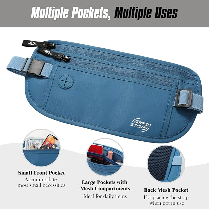 MoKo Travel Money Belt with RFID Blocking, 3 Pockets, Blue | Slim 210D water-resistant nylon design fits discreetly under clothing; adjustable strap fits 28-50 in waists - Image 4