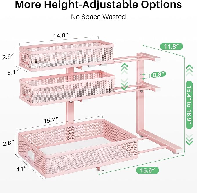 Kitstorack Under Sink Organizer, 2-Pack 3-Tier Height Adjustable Thickened Metal Pull out Cabinet Organizer Shelf, Slide out Storage Drawer Rack for Bathroom Kitchen Pantry Home Organization, Pink - Image 9