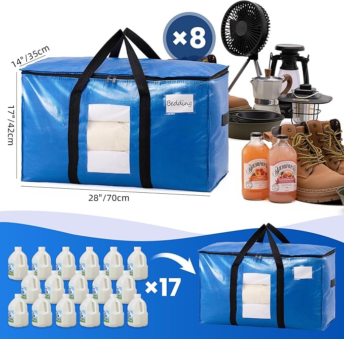 TAILI 8 Pack Blue Extra Large Moving Bags,Storage Bags with Visible Window | 93L Heavy Duty Totes For Storage,Wrap Around Handles,Alternative to Moving Boxes, College Dorm,Perfect for Moving - Image 6