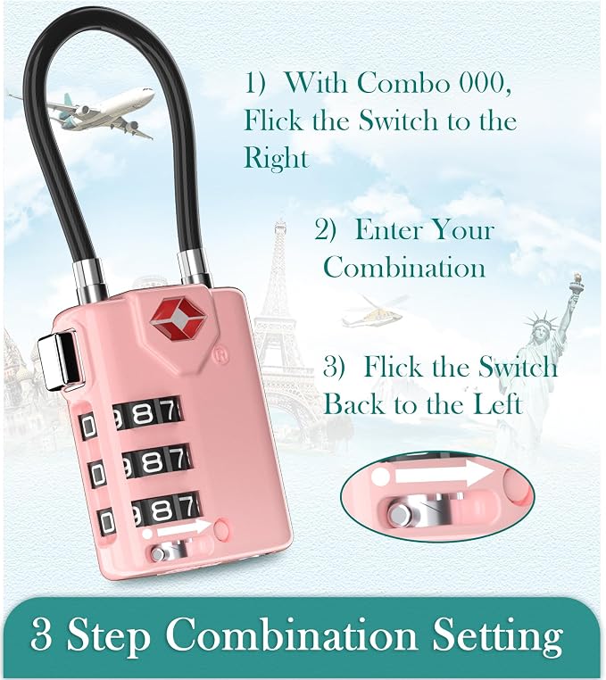 TSA Approved Luggage Locks, Combination Cable Locks, 3 Colors | Search Alert shows TSA key access; resettable 3-digit code and flexible braided steel cable for suitcases and backpacks. - Image 7