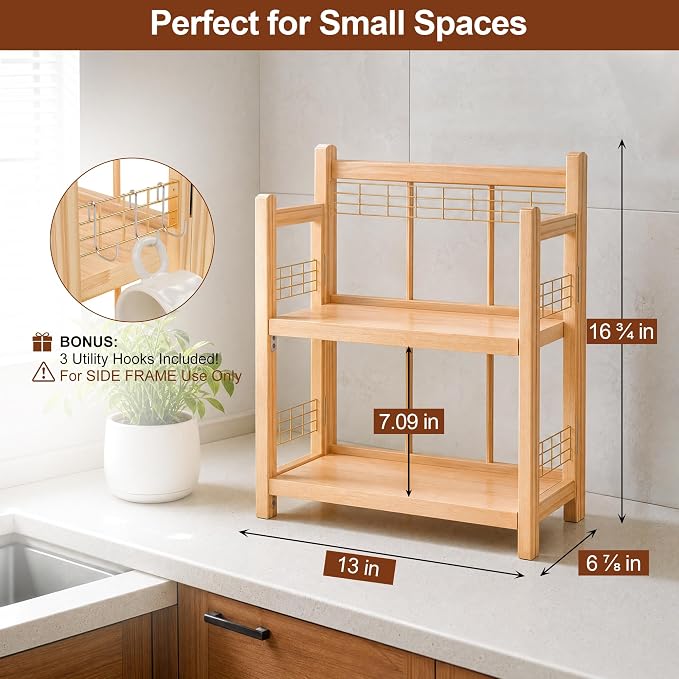 No-Assembly Coffee Bar Organizer, 2-Tier Coffee Station Shelf | Foldable Oak Wood Shelf, Coffee Station Accessories Storage for Syrup & Pod, 3 Hooks for Mugs, Kitchen Condiment Rack Natural - Image 6