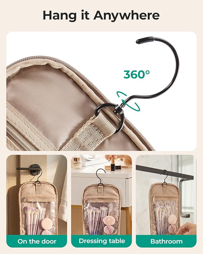 BAGSMART Travel Toiletry Bag for Women, Puffy Hanging Toiletry Bag with Hook, Water-resistant Toiletry Organizer for Full Sized Toiletries (Light Beige) - Image 3