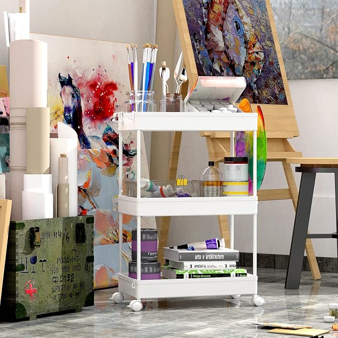 SPACEKEEPER 3 Tier Rolling Cart, Bathroom Cart Organizer with Wheels, White | Mobile Storage Cart for Laundry Room Organization,Kitchen,Office,Bathroom, Utility Cart for Snack,Craft,Art,Makeup,Nail,Toys - Image 6